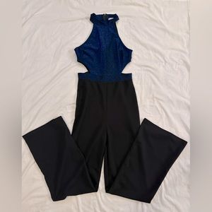 Dark Blue High Beck with Cutouts Zipper Back Jumpsuit with Wide Legs Size Small